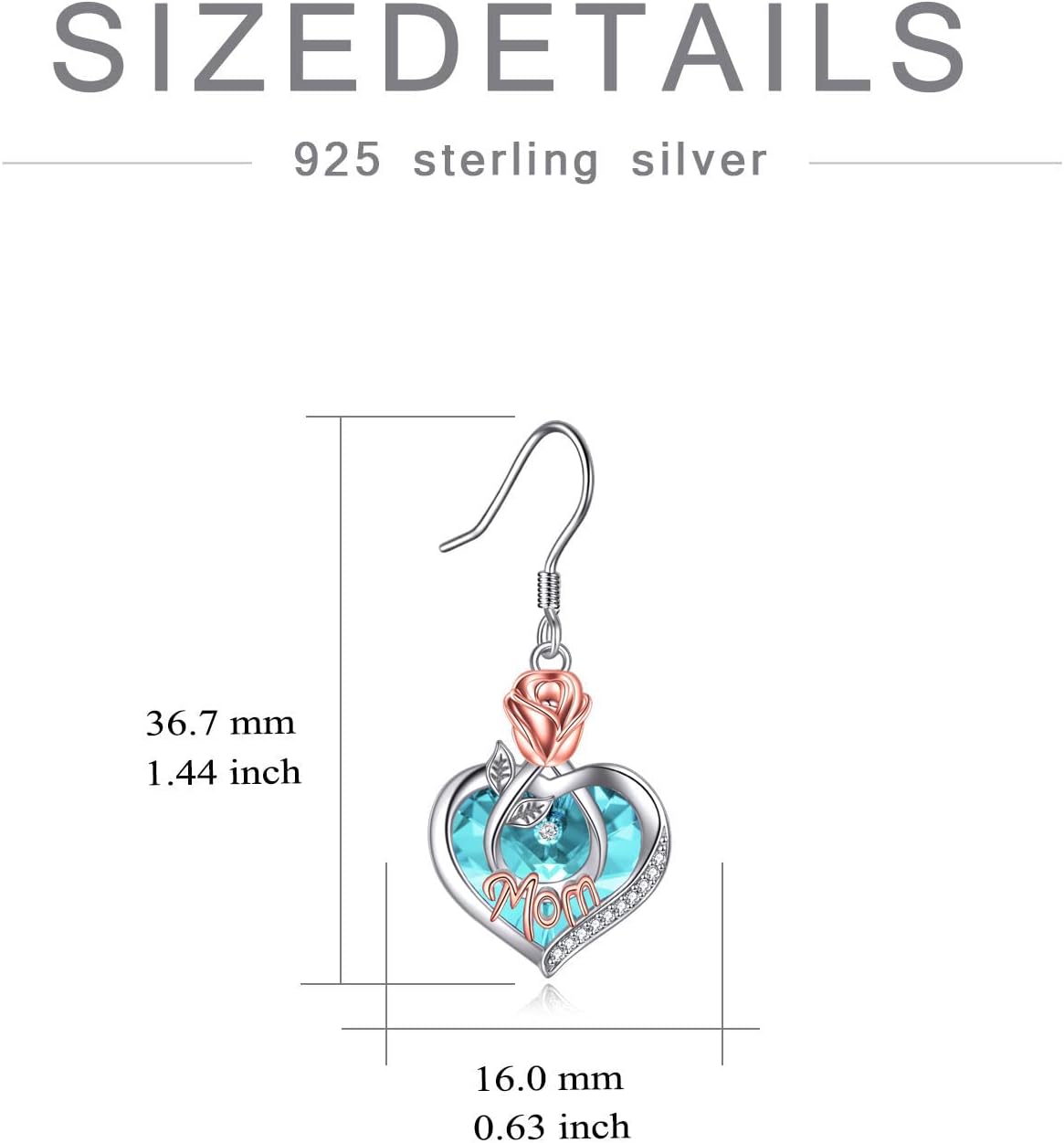Mom Earrings with Rose Flower Love Heart 925 Sterling Silver Crystal Dangle Drop Hook Earrings Jewelry