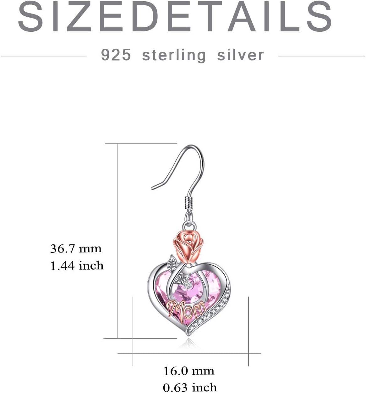 Mom Earrings with Rose Flower Love Heart 925 Sterling Silver Crystal Dangle Drop Hook Earrings Jewelry