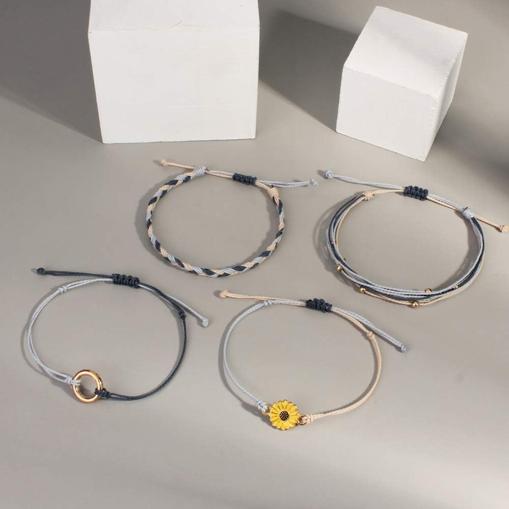 FANCY SHINY Sunflower String Bracelet Boho Braided Rope Wrap Bracelets Cute Summer Beach Surfer Jewelry for Women Christmas Gifts