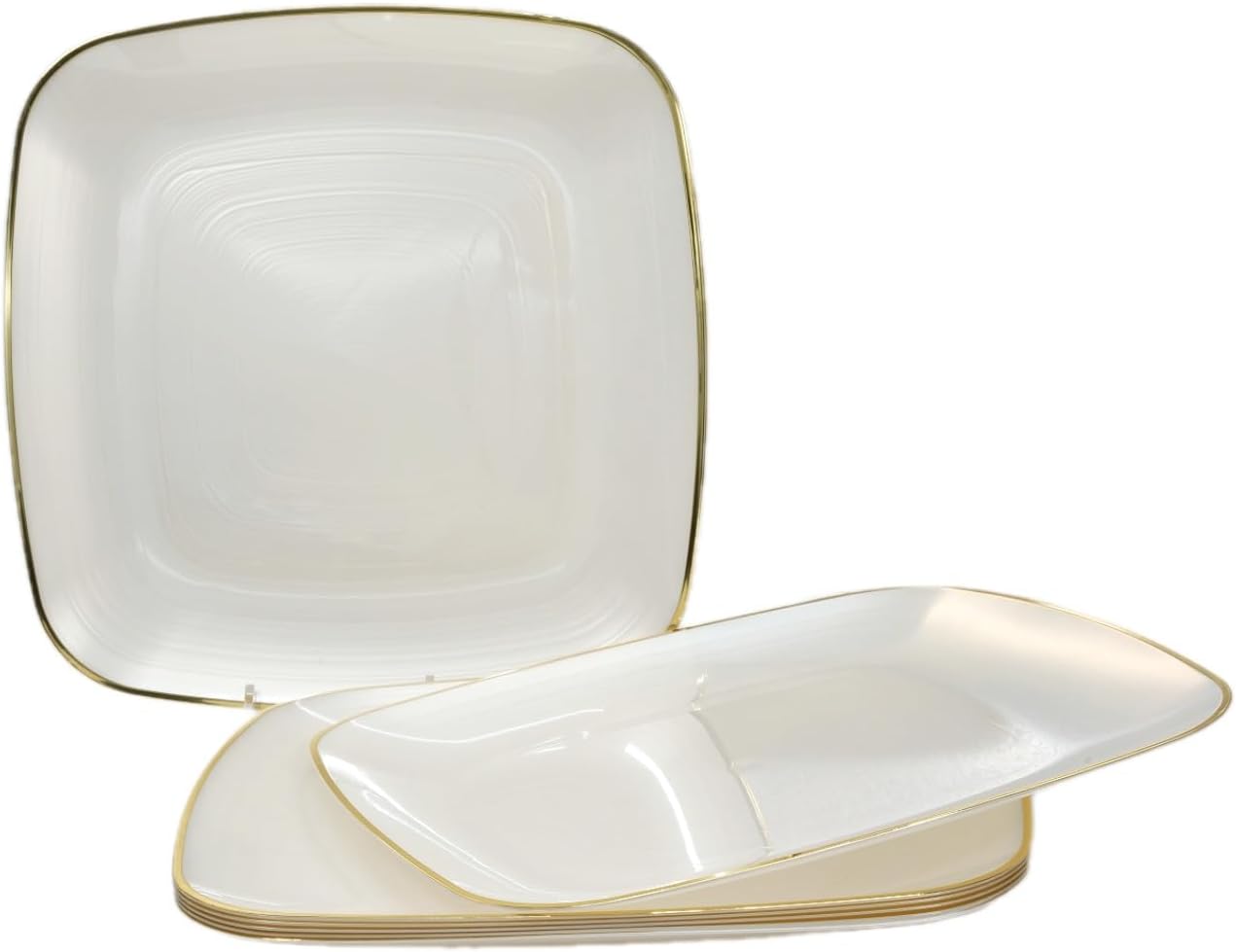 " OCCASIONS " 50 Plates Pack (25 Guests)-Wedding Party Disposable Plastic Plate Set -25 x 10'' Dinner + 25 x 7'' Salad & Dessert plates (Belize Square in Ivory & Gold)