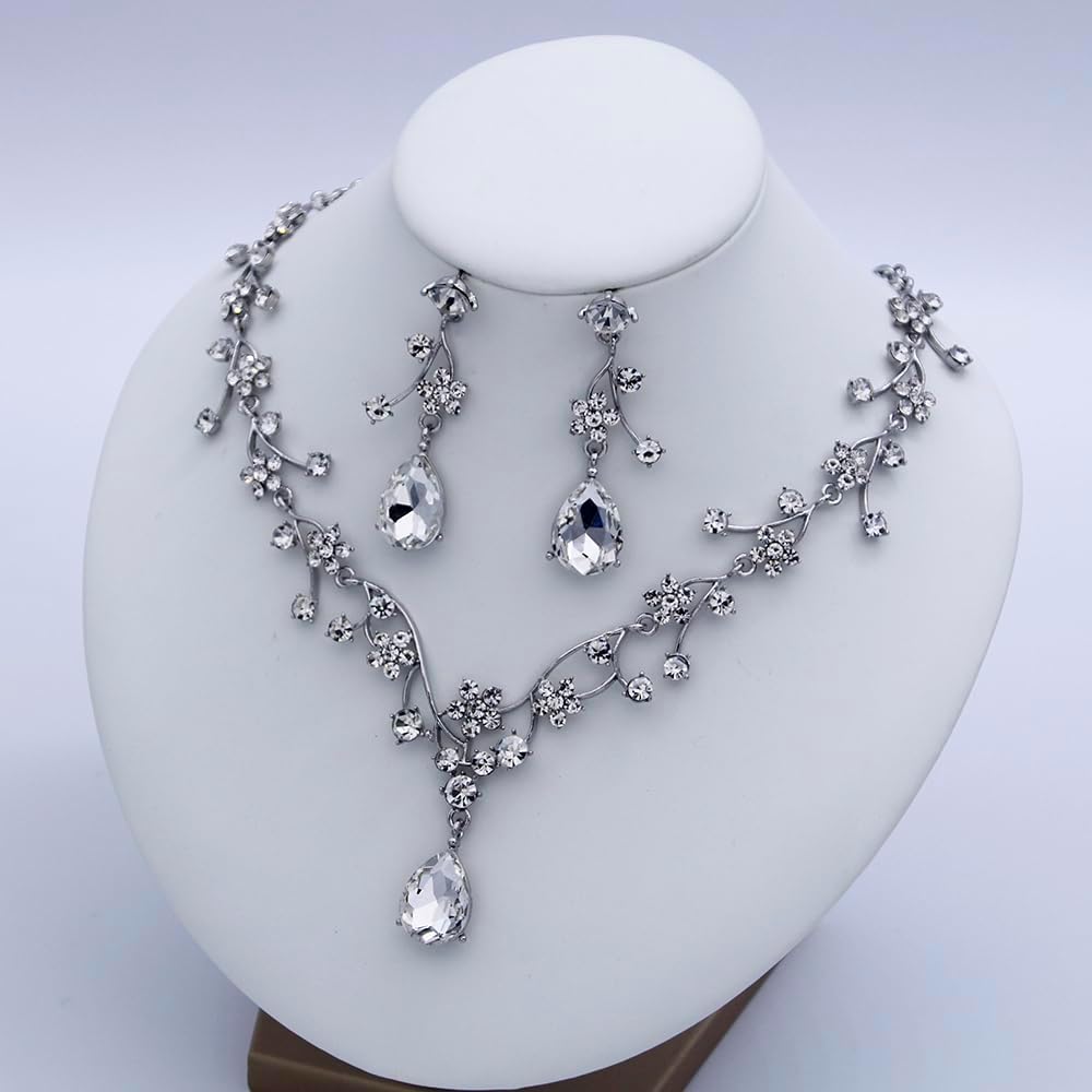 Jewelry Sets for Women Wedding Flower Necklace and Dangle Earrings Gold-Plated Rhinestones Teardrop Pendants Necklace Set for Bridal Party Accessories