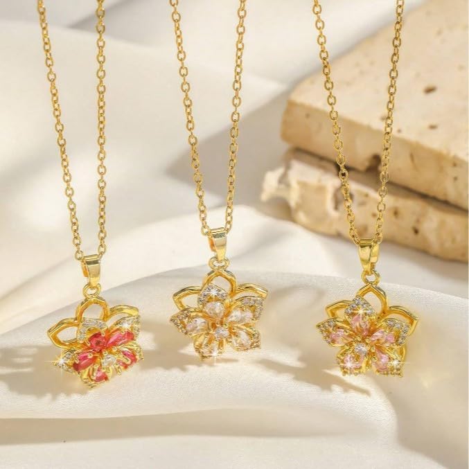 Necklace for Women Gold Flower Fidget Necklace Rotatable Crystal Silver Blossom Pendant Necklaces Adjustable Spinning Fidget Necklaces Redbud Flower Choker Funny Gift Jewelry