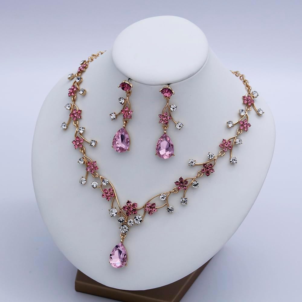 Jewelry Sets for Women Wedding Flower Necklace and Dangle Earrings Gold-Plated Rhinestones Teardrop Pendants Necklace Set for Bridal Party Accessories