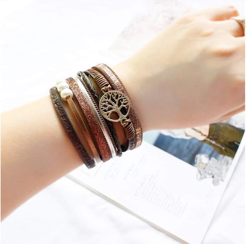 Fesciory Leather Wrap Bracelets for Women, Boho Leopard Multi-Layer Crystal Beads Cuff Bracelet Jewelry