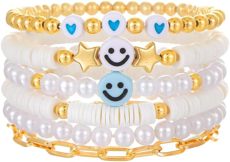 Friendship Bracelets for Women - Heishi Surfer Colorful Smile Evil Eye Clay Beaded Stretch Bracelets Elastic Layering - Stackable Boho Disc Y2K Aesthetic Summer Jewelry Set.