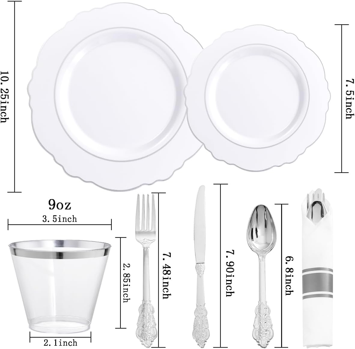 Liacere 350PCS Silver Plastic Plates-Disposable White and Silver Plates 50guest Baroque Plastic Dinnerware Set include 100Plates, 50Pack Pre Rolled Napkins with Silverware 50Cups Perfect for Christmas