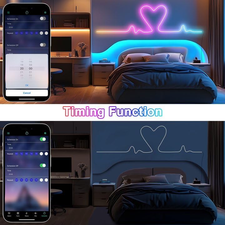 Cozylady 40Ft (20Ft *2 Rolls) RGB LED Neon Rope Lights for Bedroom, 12m LED Strip Lamp with Double Sided Adhesive Tape, App/Remote Control DIY Lights Decorate The Outdoor and Indoor of Your Home