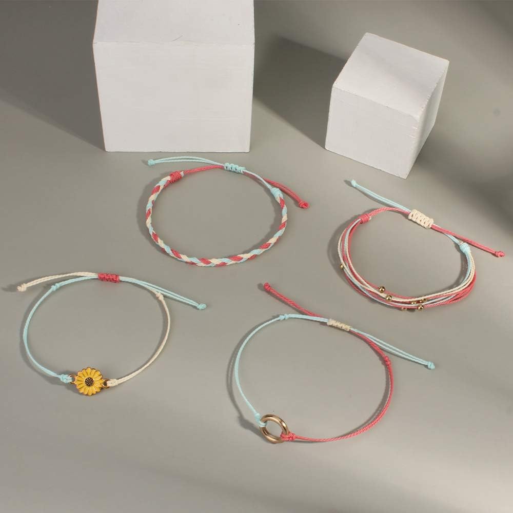 FANCY SHINY Sunflower String Bracelet Boho Braided Rope Wrap Bracelets Cute Summer Beach Surfer Jewelry for Women Christmas Gifts