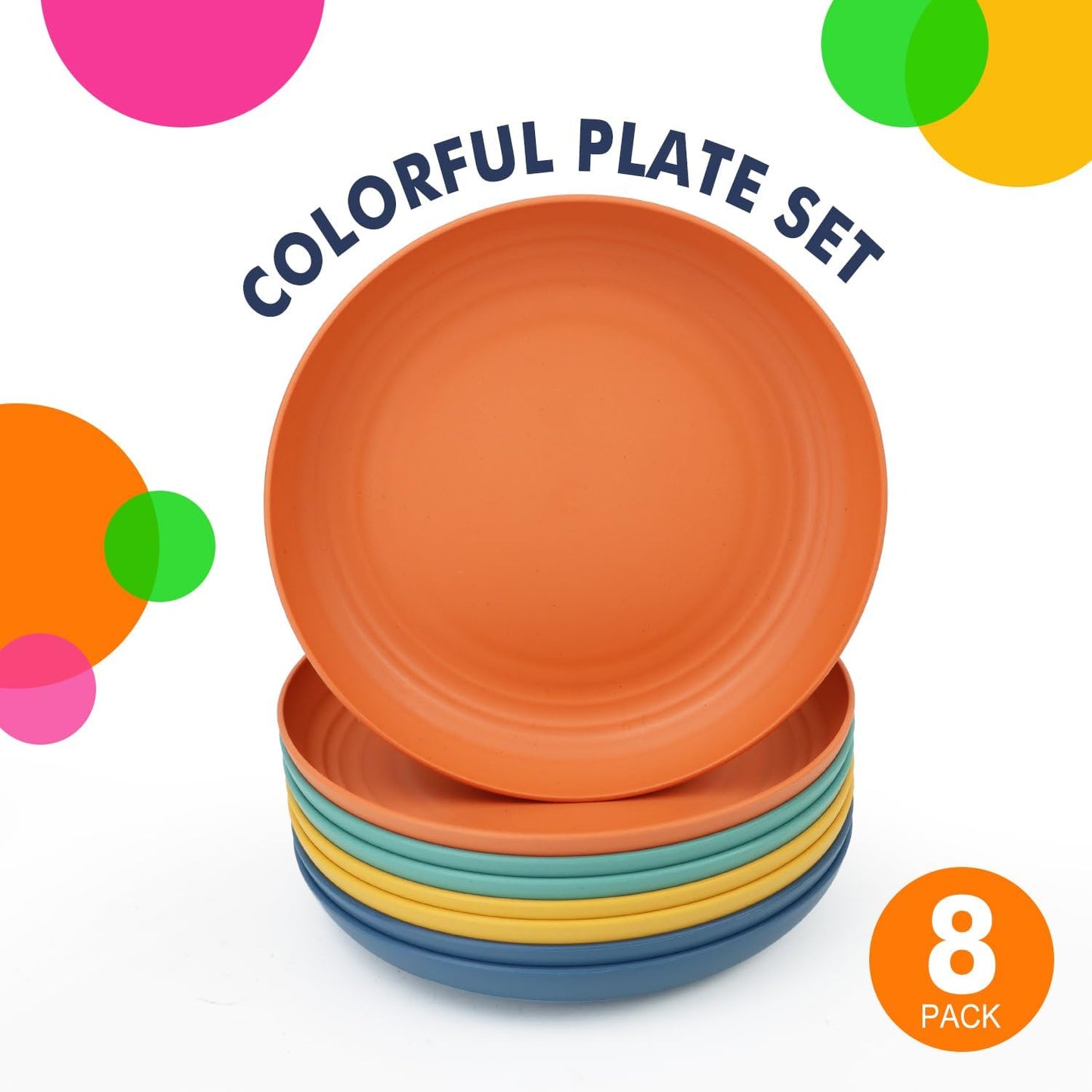 Homienly Deep Dinner Plates Set of 8 Alternative for Plastic Plates Microwave and Dishwasher Safe Wheat Straw Plates for Kitchen Unbreakable Kids Plate Set with 4 Colors (Classic Bright, 9 inch)