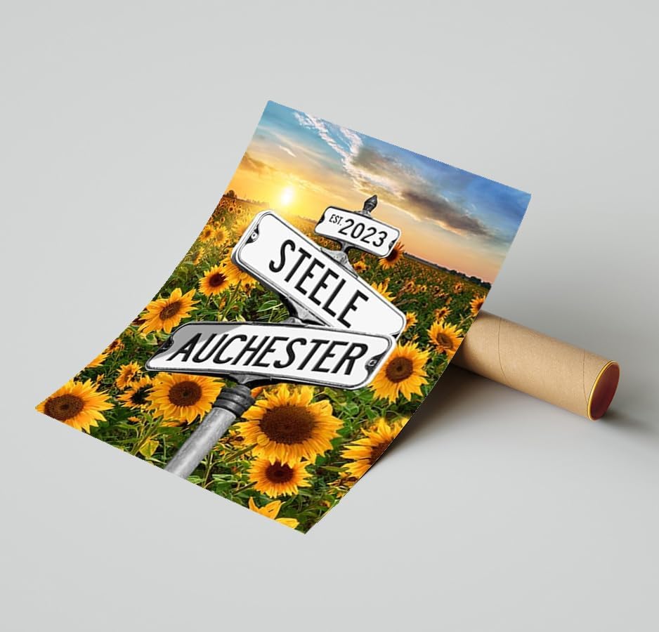 Personalized Name Vintage Street Sign Canvas Poster Love Gifts, Crossroads Wedding Date Names Street Signs Sunflower Poster Canvas Love Gift For Anniversary,Wedding,Birthday And Holidays