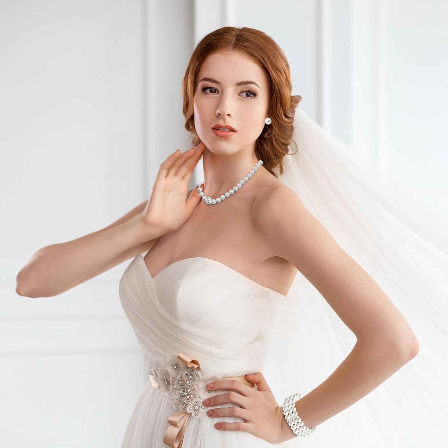 Pearl Jewelry Set for Women Faux Pearl Costume Jewelry Set with Necklace, Bracelets, Ring, Earrings for Wedding Bridal Birthday Tea Party