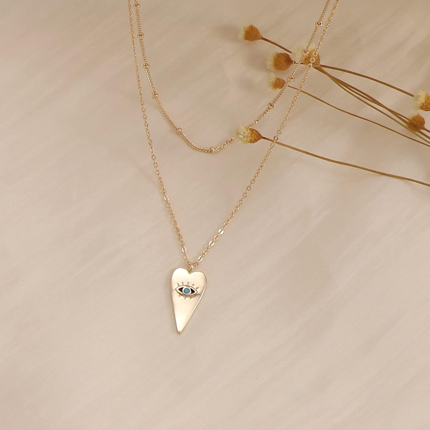 MEVECCO Layered Heart Necklace Pendant Handmade 18k Gold Plated Dainty Gold Choker Arrow Bar Layering Long Necklace for Women