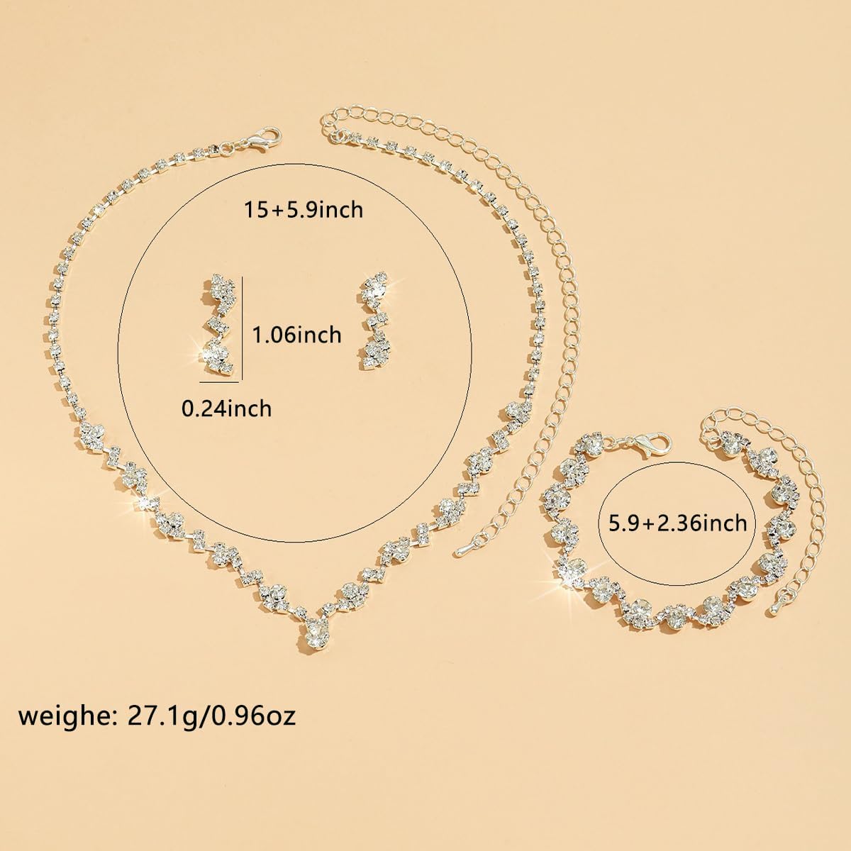 Prom Earrings Necklace Bracelet Set Elegant Crystal Rhinestone Necklace Earrings Bracelet Bridal Wedding Prom Dresses Costume Outfit Gold Jewelry Sets for Women