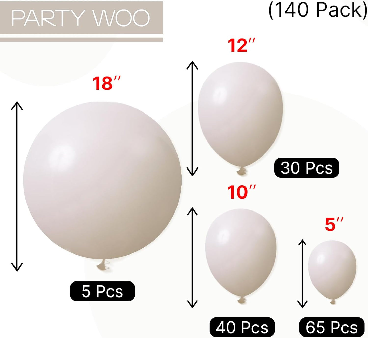 PartyWoo White Sand Balloons 140pcs Different Sizes of 18 12 10 5 Inch Off White Beige Cream Ivory Boho Neutral Balloon Arch Kit Garland for Wedding Baby Shower Birthday Party Decorations White-F12