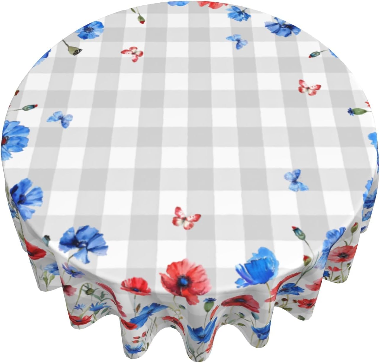 Giwawa Red Blue Floral Tablecloth Round 60Inch 4th of July Watercolor Poppy Flowers Table Cover with Gray Buffalo Plaids Patriotic Heat Resistant Table Cloth for Kitchen Dining Holiday Tabletop Decor
