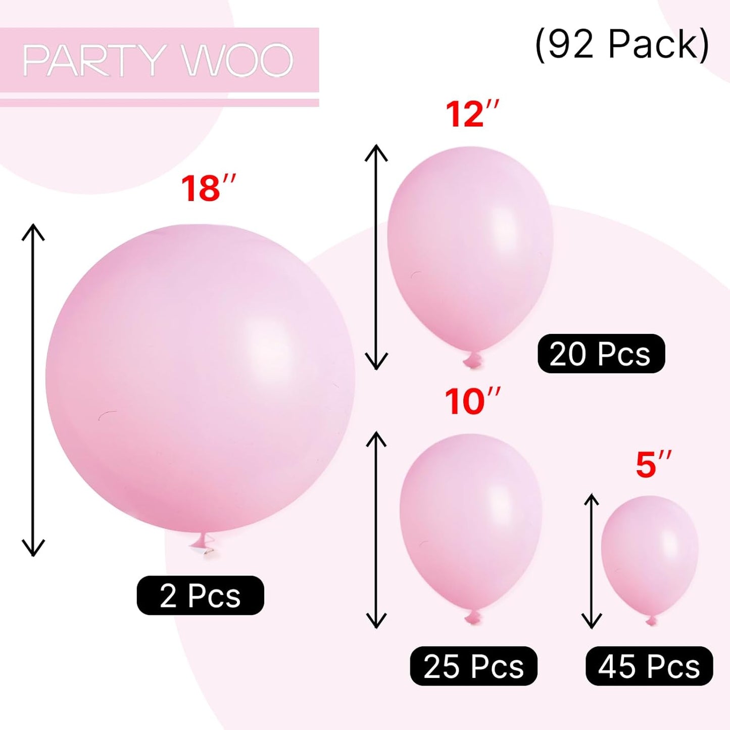 PartyWoo Light Pink Balloons 92 pcs Different Sizes of 18 12 10 5 Inch Pastel Baby Pale Pink Balloon Arch Kit Garland for Baby Shower Valentine's Day Princess Birthday Party Decorations Pink-Q05