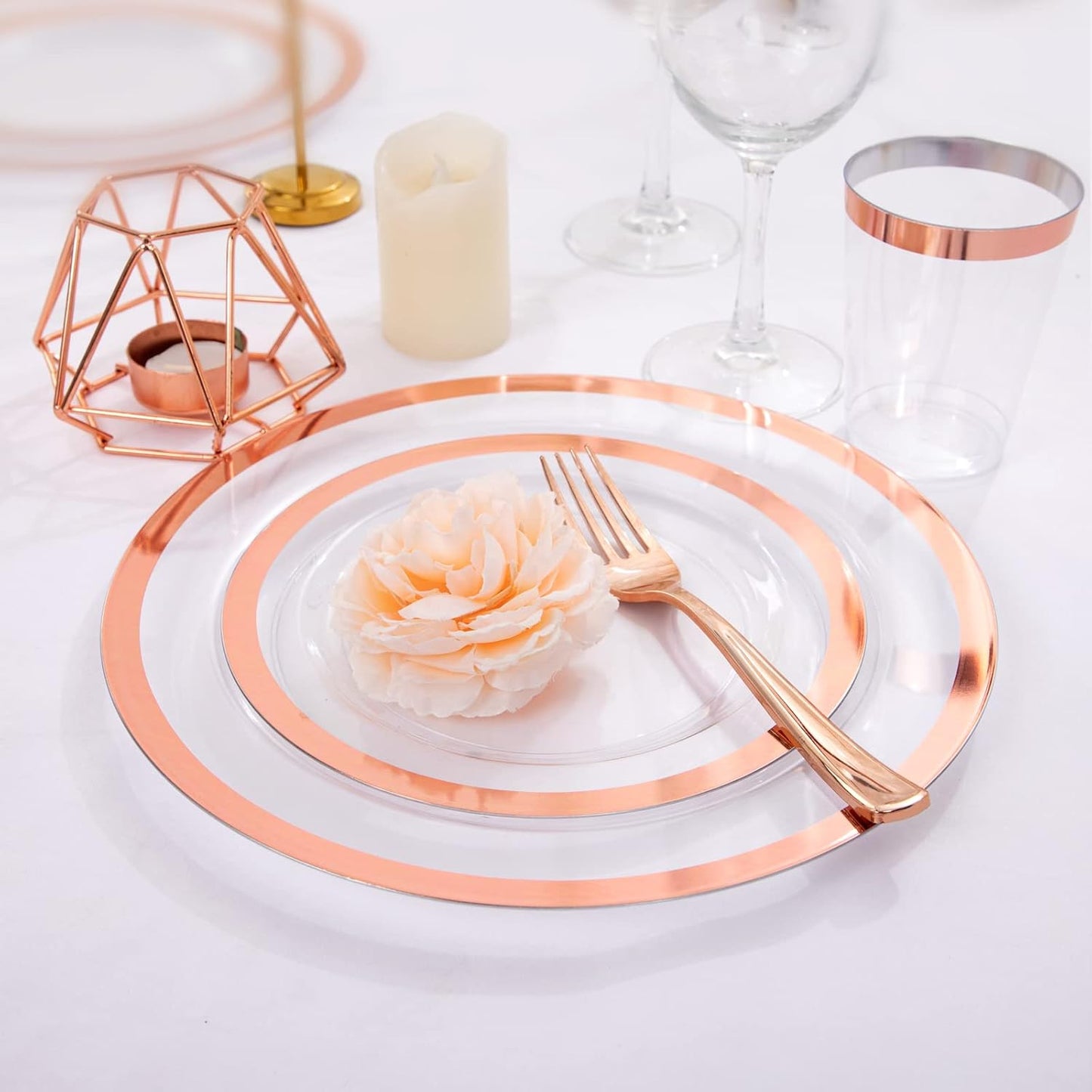 YOUBET 175PCS Rose Gold Plastic Plates - Clear Plastic Plates Disposable with Rose Gold Rim includes 50 Rose gold plates, 25Forks, 25Knives, 25Spoons, 25Cups, 25Napkins for Party & Wedding