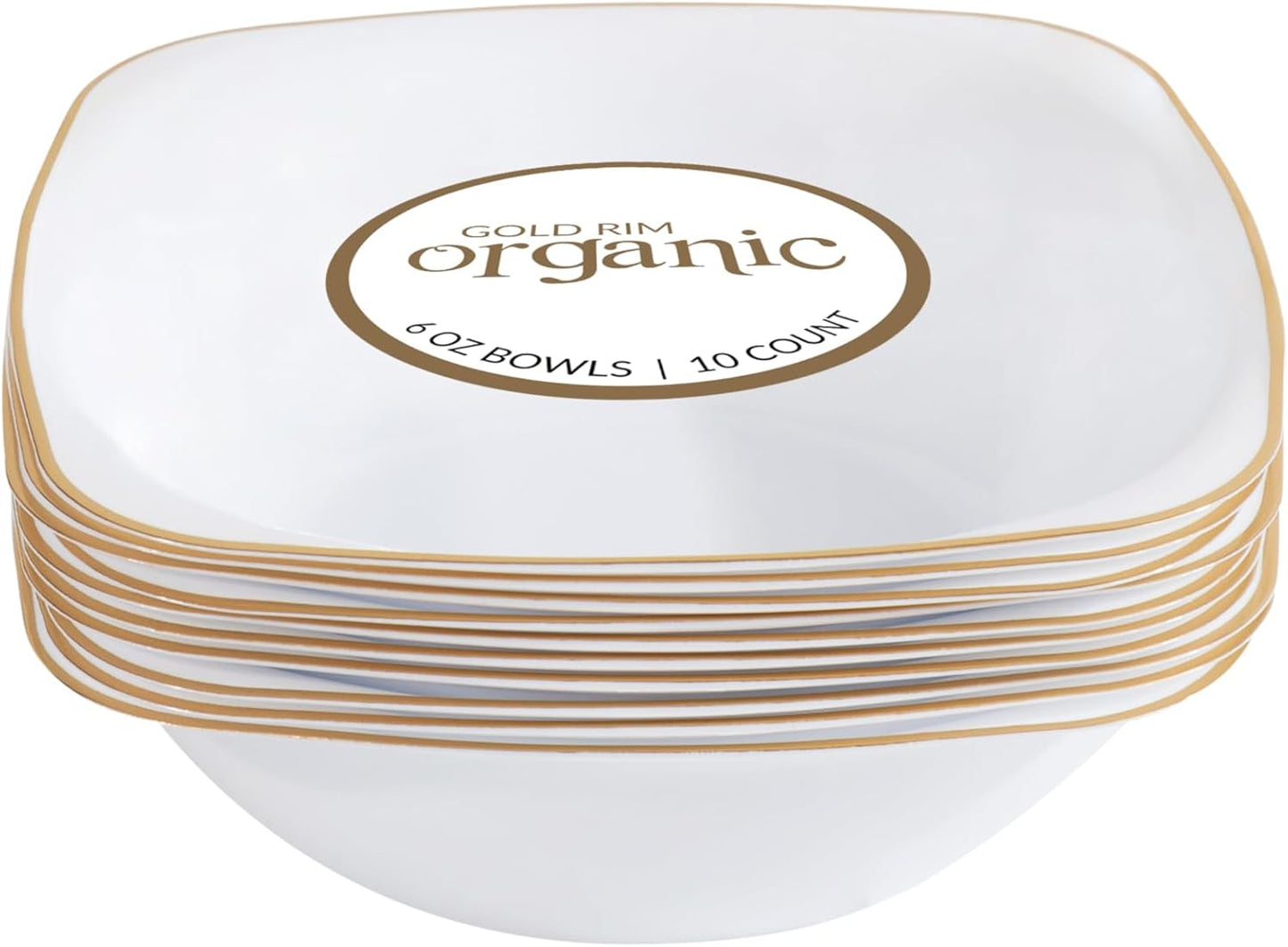 PLASTICPRO White Plastic Organic Party Square Dessert bowls White With Gold Rim Elegant Disposable Tableware Dishes 6 OZ 32 Count