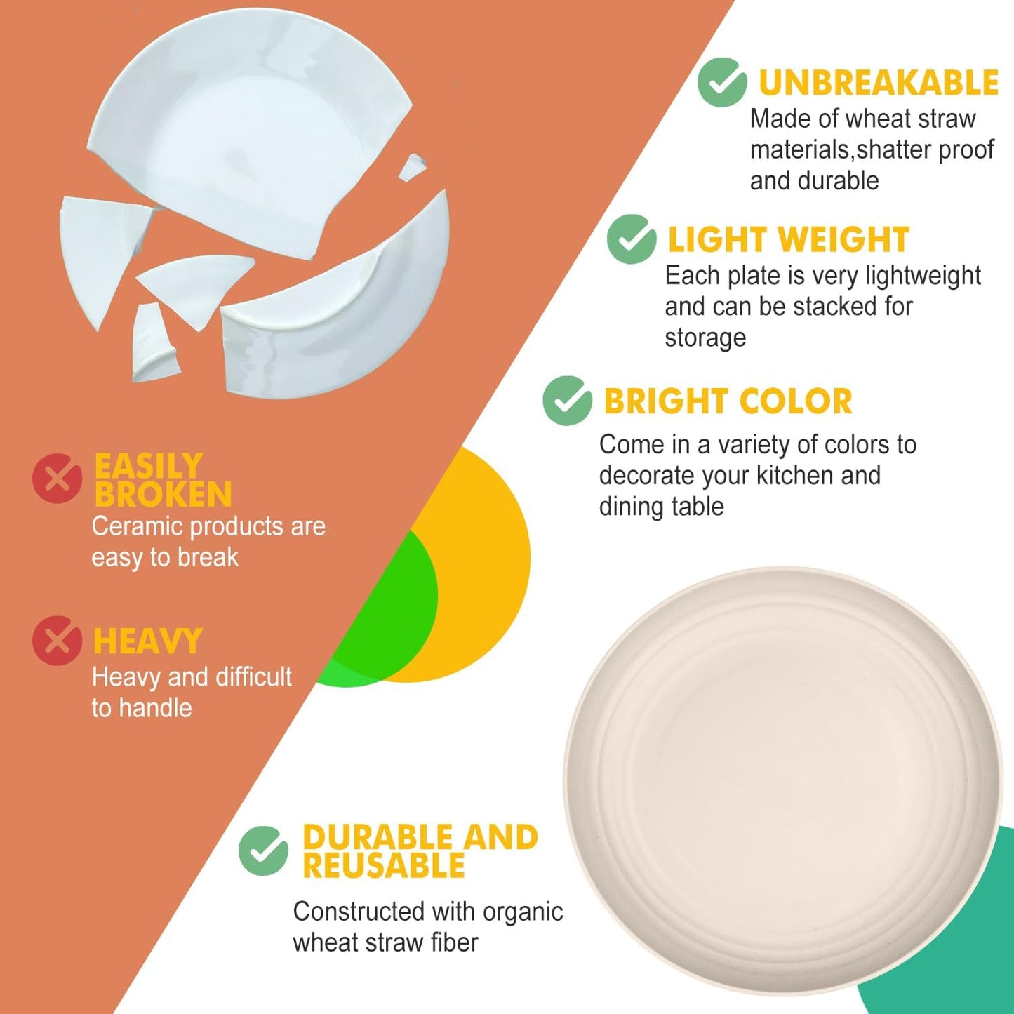 Homienly Wheat Straw Plates 8 PCS Unbreakable Dinner Plates - 10 inch Dishwasher & Microwave Safe Plastic Plates Reusable Lightweight Roud Plates, Plates for Kitchen, Dinner, Outdoor,Picnic (Beige)