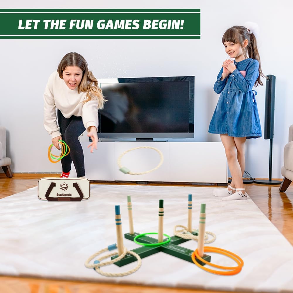 Wooden Ring Toss Game Set, Backyard Beach Camping Game with Toss Rings & Portable Carrying Bag, Outdoor Lawn & Yard Games for Kids, Adults & Family