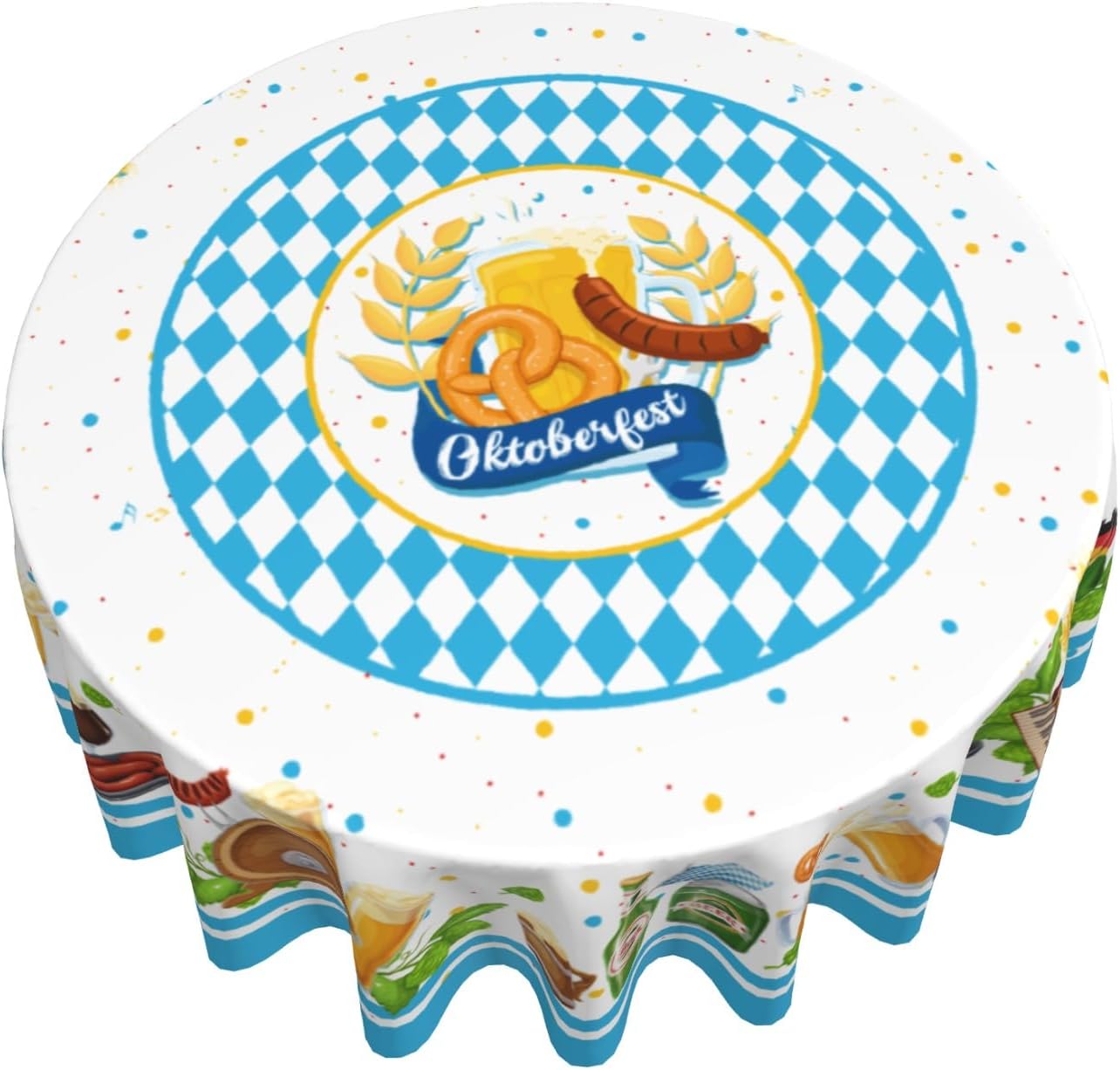 Giwawa Oktoberfest Tablecloth Round 60Inch Bavarian Beer Sausage Pretzel Table Cover Heat Resistant Polyester Fabric Blue White Checkered Table Cloth for Kitchen Dining Party Holiday Decor