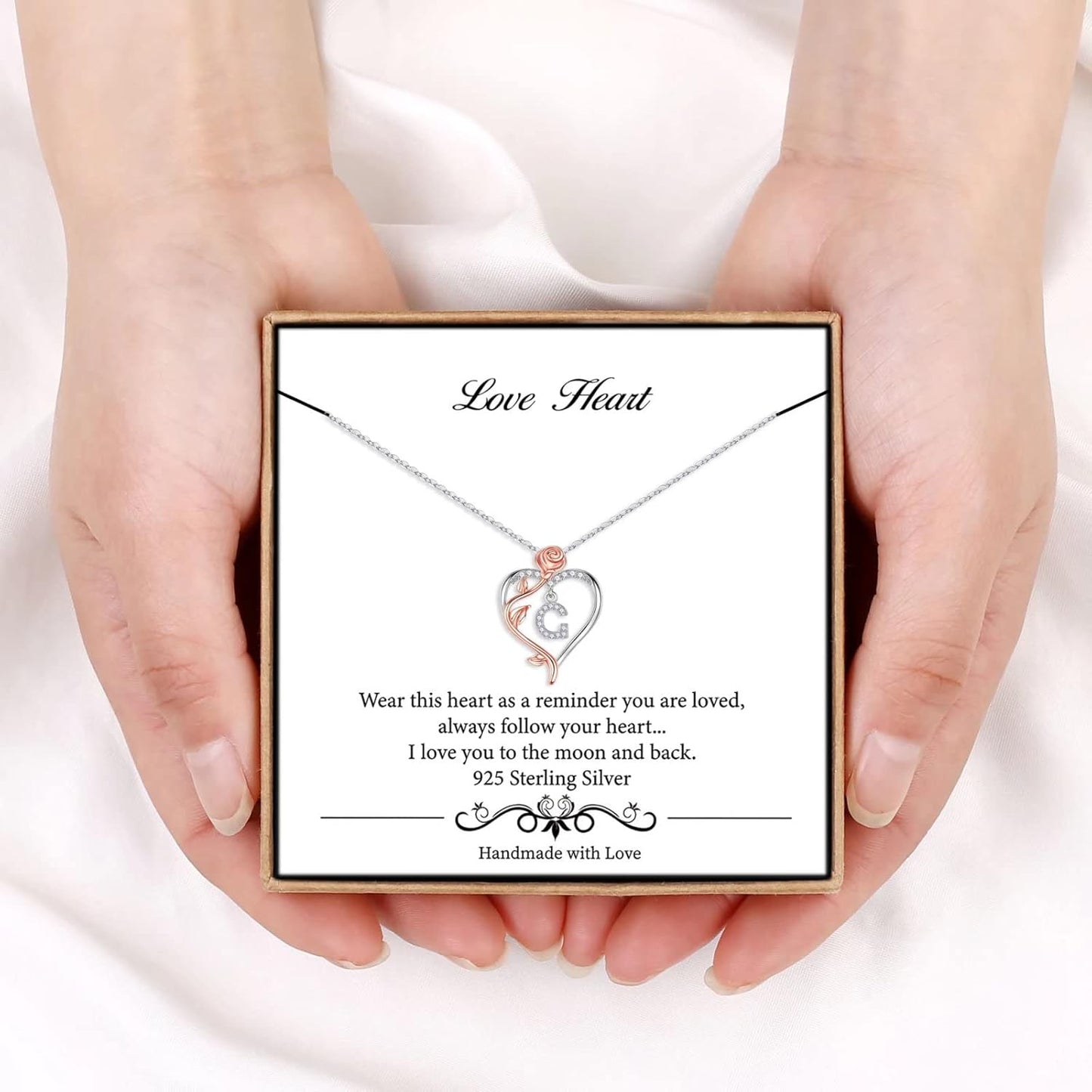 Iefil Christmas Gifts for Women Wife - 925 Sterling Silver Rose Heart Initial Necklace, Anniversary Birthday Gifts for Women, Jewelry Gift for Her Wife Girlfriend Mom Daughter