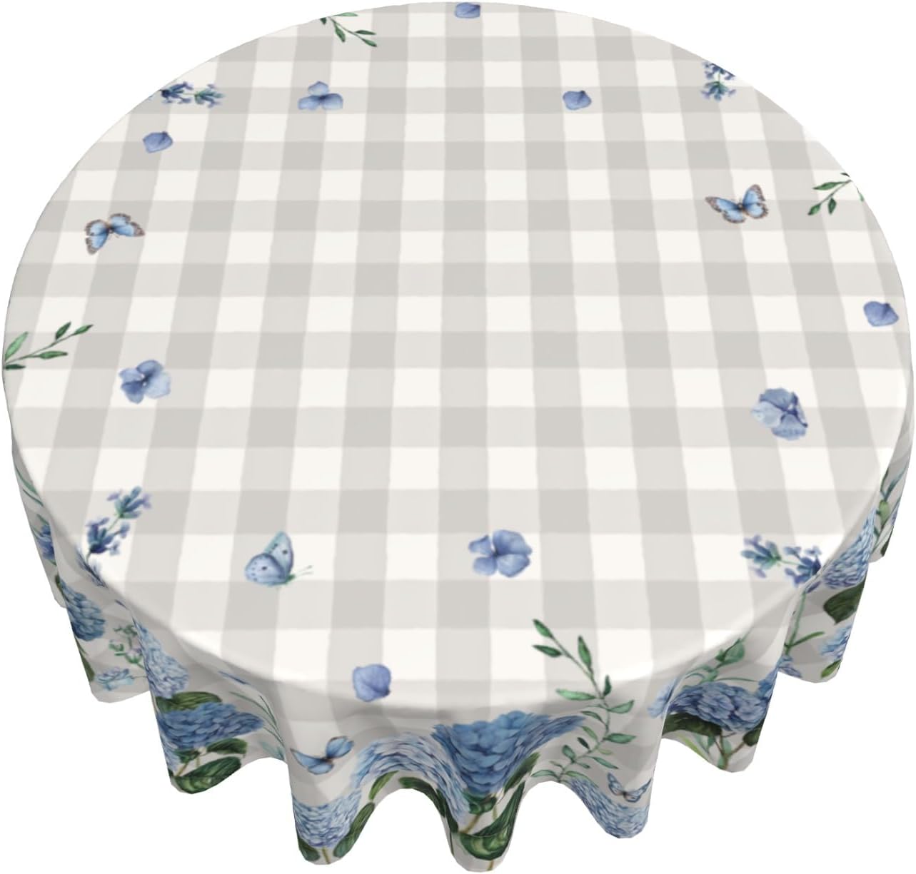Giwawa Spring Summer Round Tablecloth 60in Watercolor Blue Hydrangea Floral Butterfly Table Cover Grey Buffalo Plaids Washable Table Cloth for Dining Kitchen Picnic Indoor Outdoor Decor