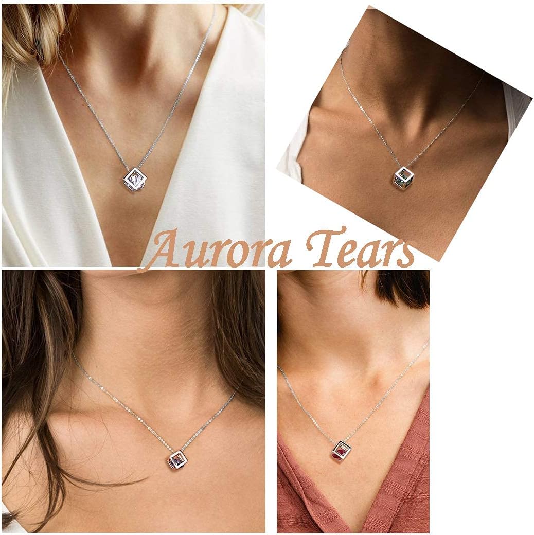 Aurora Tears Birthstone Necklace/Earring 925 Sterling Silver Women Cross/3D Cube/Cresent Moon Birth Stone Jewelry Mens Birthday Gift Anniversary Present