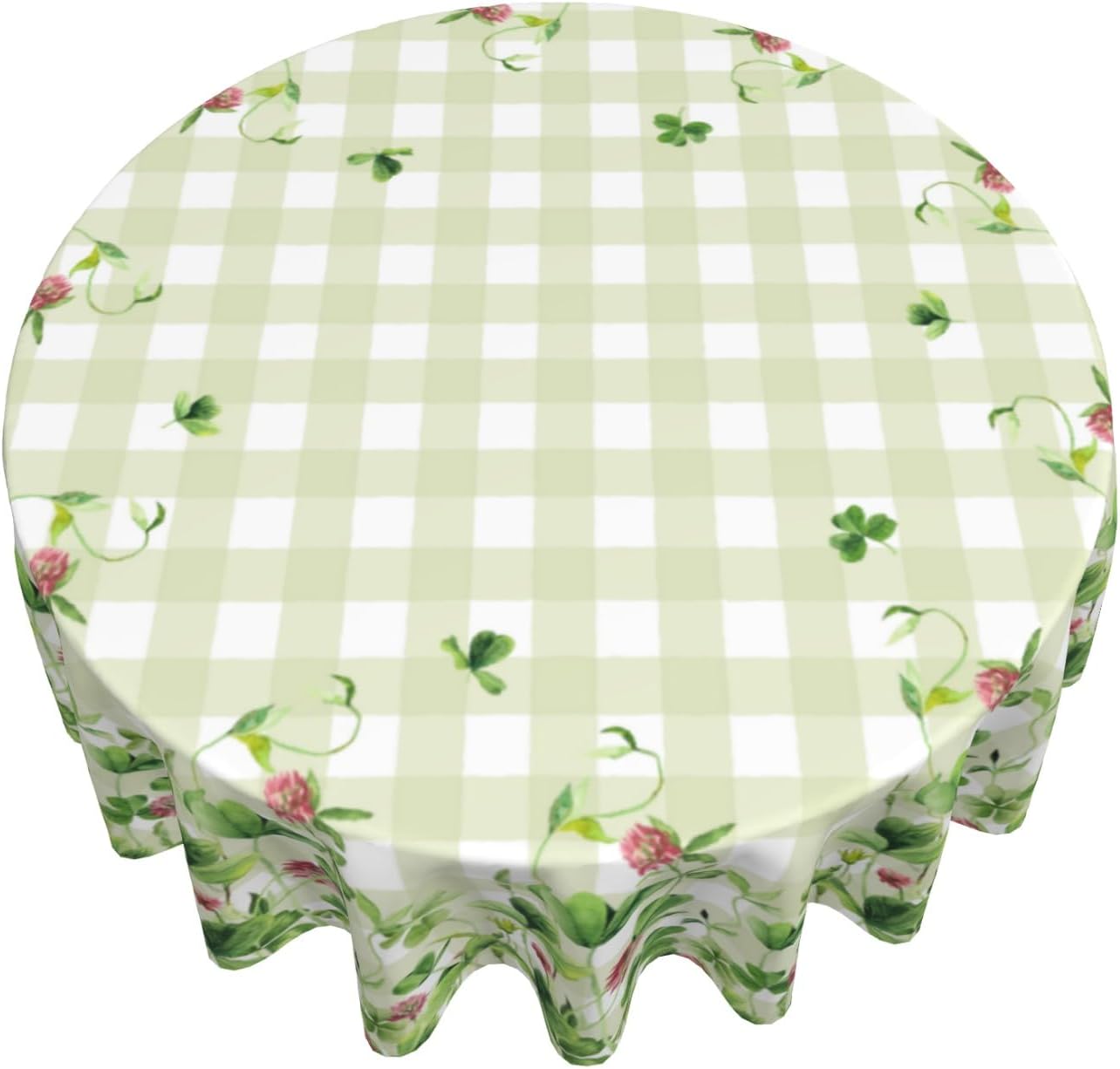 Giwawa St Patricks Floral Tablecloth Round 60Inch Watercolor Clover Shamrock Flowers Table Cover with Green Buffalo Plaids Decorative Washable Table Cloth for Kitchen Dining Holiday Party