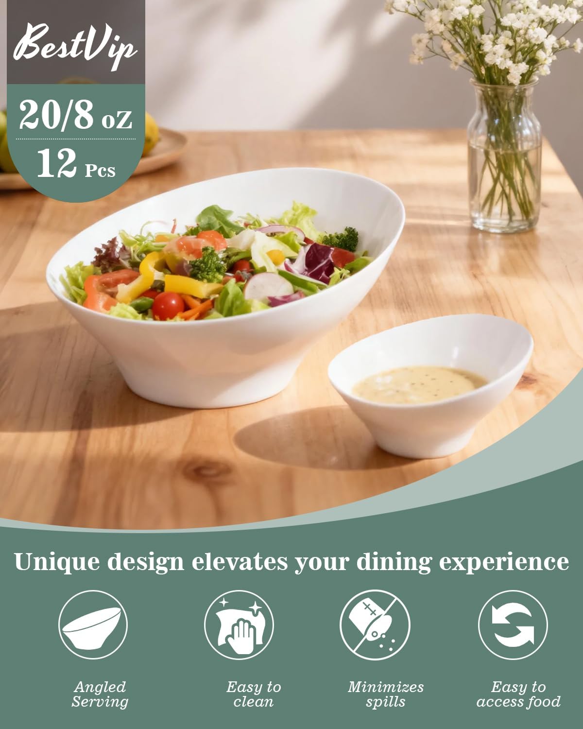 BESTVIP 8oz White Plastic Serving Bowls for Party - 12 Pack Angled Disposable Serving Bowls, Party for Chips, Snacks, Fruit, Salad - Bowls for Parties, Daily Use, Catering, Christmas