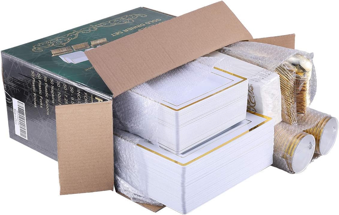 FOCUSLINE 350 Ct Disposable Dinnerware Set for 50 Guests -Heavy Duty Square Plastic Plates with Gold Rim, Includes 50 Dinner & Salad Plates, Cups, Napkins, Cutlery Set