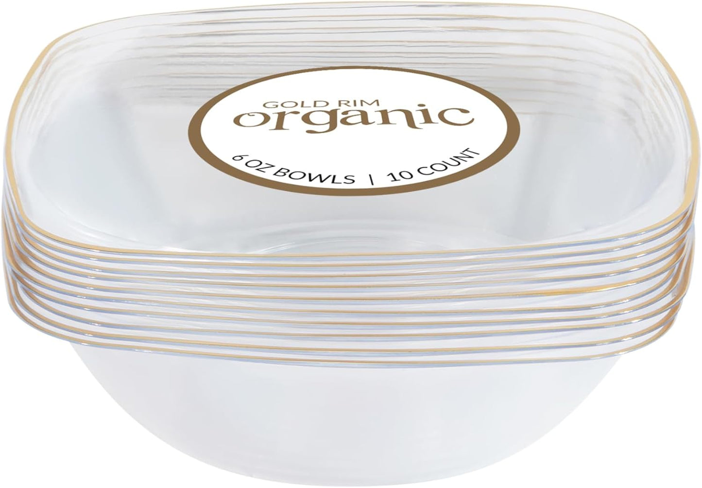 PLASTICPRO White Plastic Organic Party Square Dessert bowls Clear With Gold Rim Elegant Disposable Tableware Dishes 6 OZ 32 Count