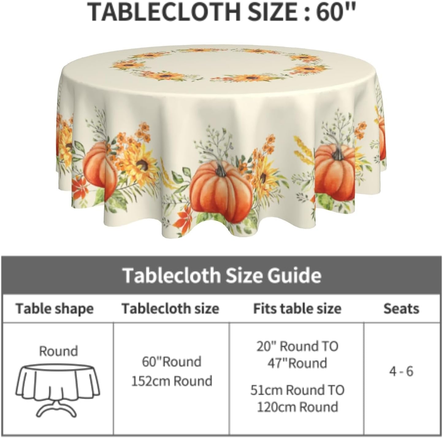 Giwawa Fall Autumn Round Tablecloth 60Inch Pumpkin Sunflower Circle Reusable Heat Resistant Washable Table Cloth Cover for Kitchen Dining Seasonal Holiday Farmhouse Decor