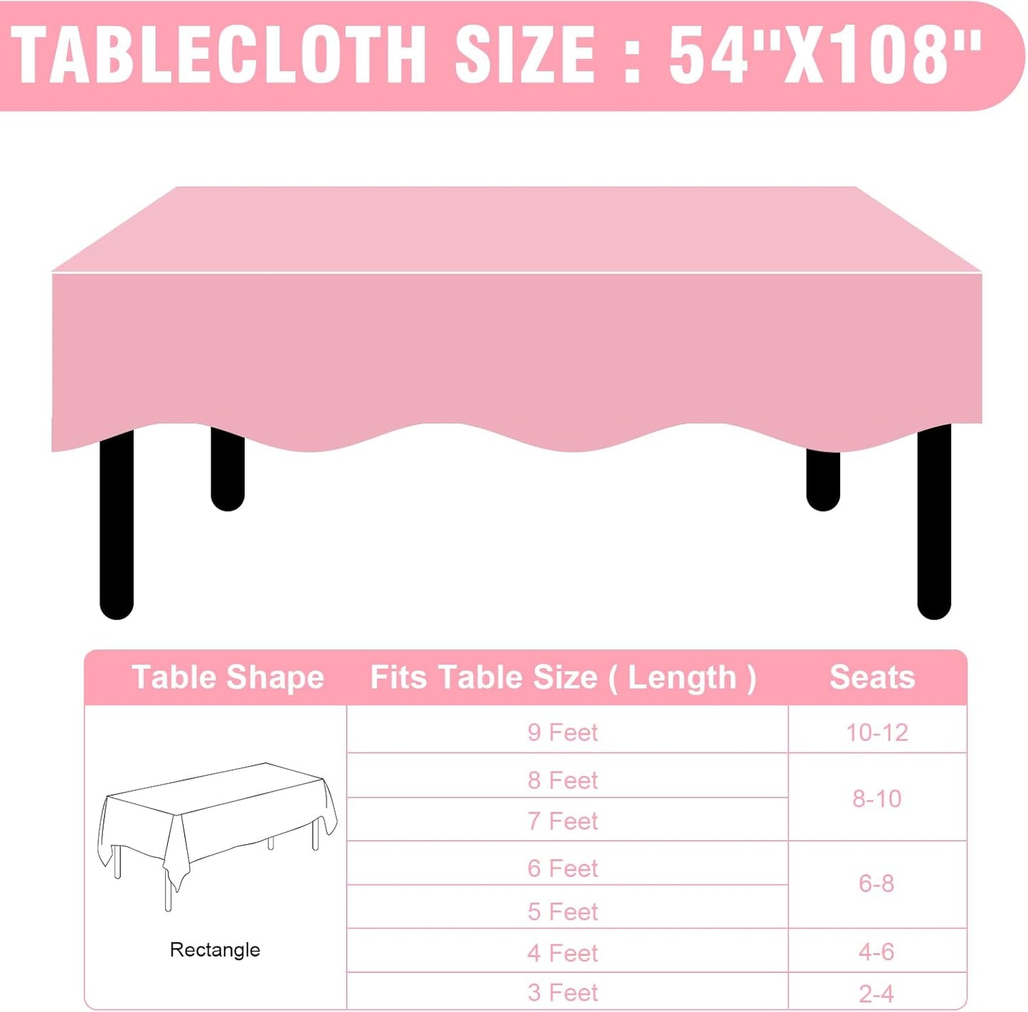 12 Pack Pink Plastic Table Cloths Disposable, 54 x 108 Inches Plastic Table Cover for Rectangle Tables, Disposable Tablecloth for Dinning, Parties, BBQ, Wedding, Outdoor