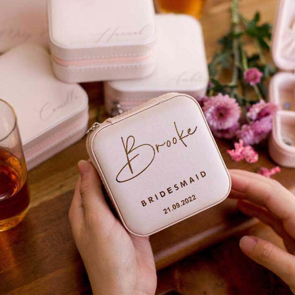 DayOfShe Bridesmaid Proposal Gifts Personalized Bridesmaid Jewelry Box Leather Small Travel Jewelry Organizer Ring Case for Wedding Maid of Honor Gifts