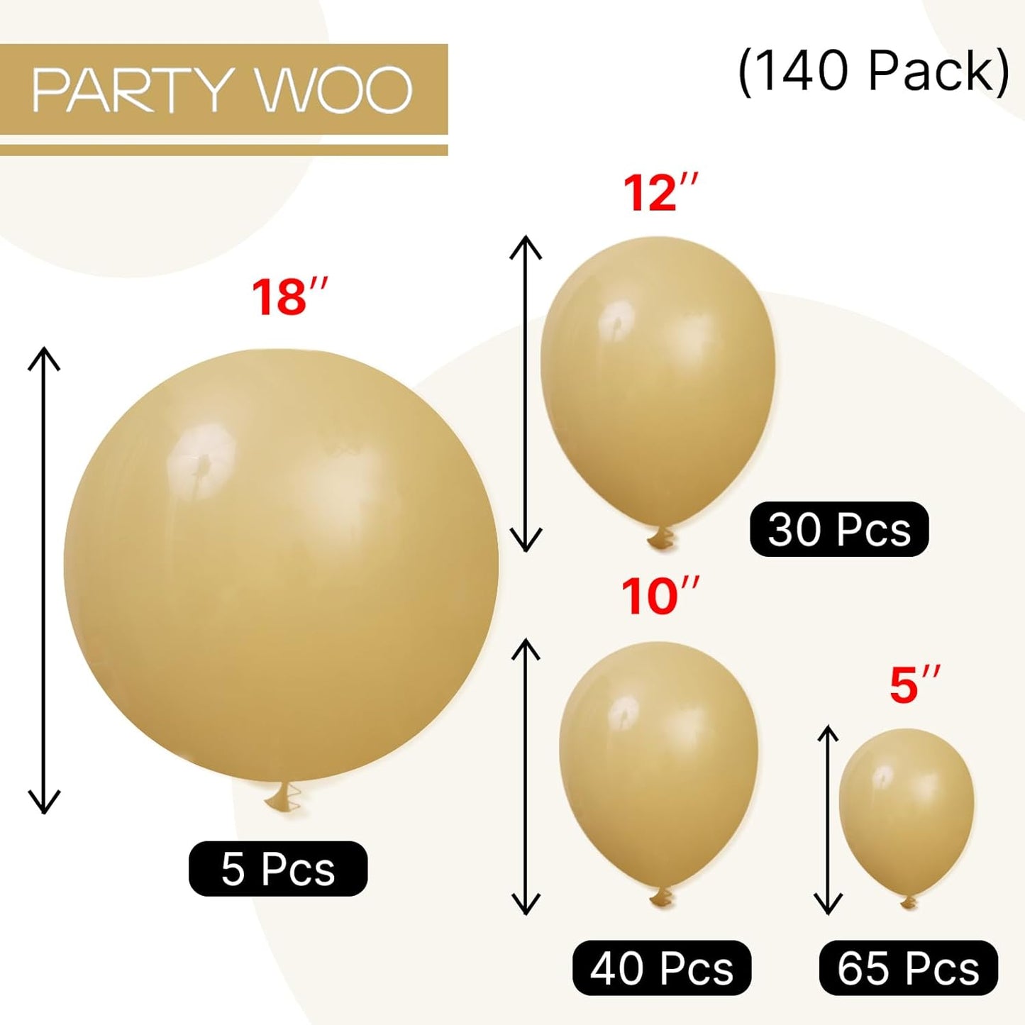PartyWoo Tan Balloons 140 pcs Different Sizes of 18 12 10 5 Inch Light Brown Neutral Boho Coffee Balloon Arch Kit Garland for Wedding Baby Shower Safari Woodland Birthday Party Decorations Tan-F19
