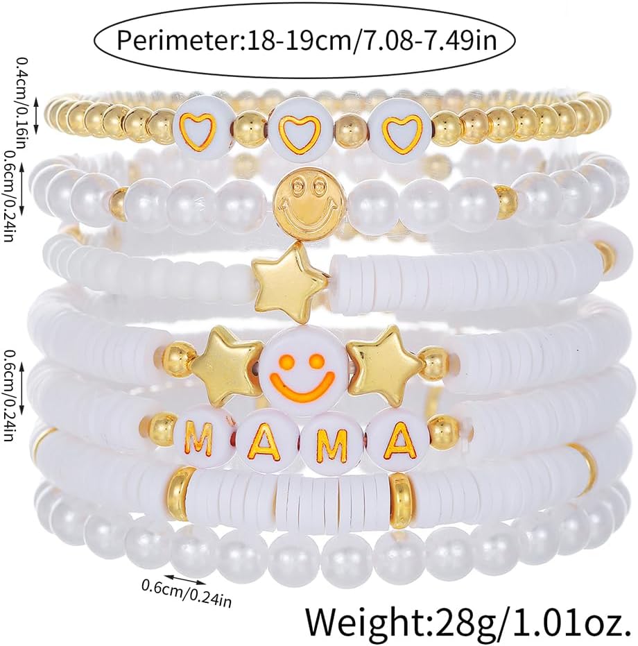 Friendship Bracelets for Women - Heishi Surfer Colorful Smile Evil Eye Clay Beaded Stretch Bracelets Elastic Layering - Stackable Boho Disc Y2K Aesthetic Summer Jewelry Set.