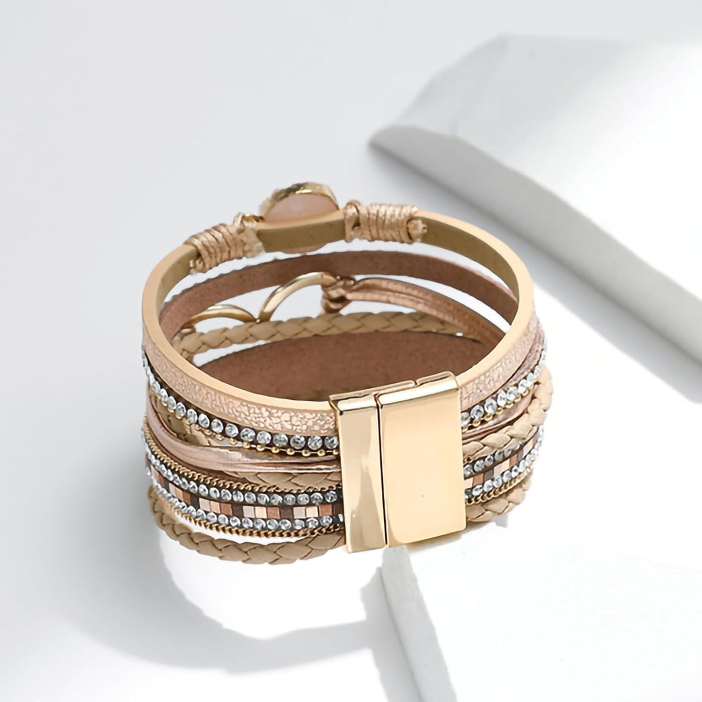 Fesciory Leopard Bracelet for Women, Boho Leather Wrap Multi-Layer Pearl Crystal Bracelet Bangle Jewelry