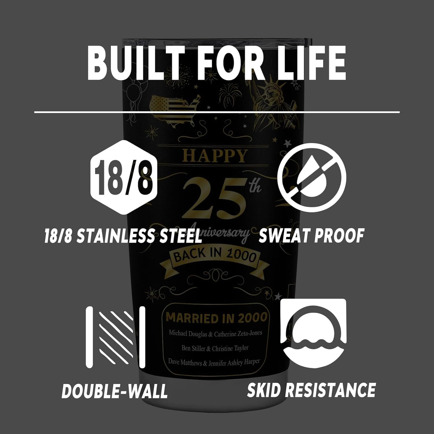 Happy 25th Anniversary Wedding Gifts for Men Women 25th Anniversary Tumbler 25 Years Wedding Gifts for Couple Wife Husband Back in 2000 Stainless Steel Vacuum Insulated Tumbler 20 oz