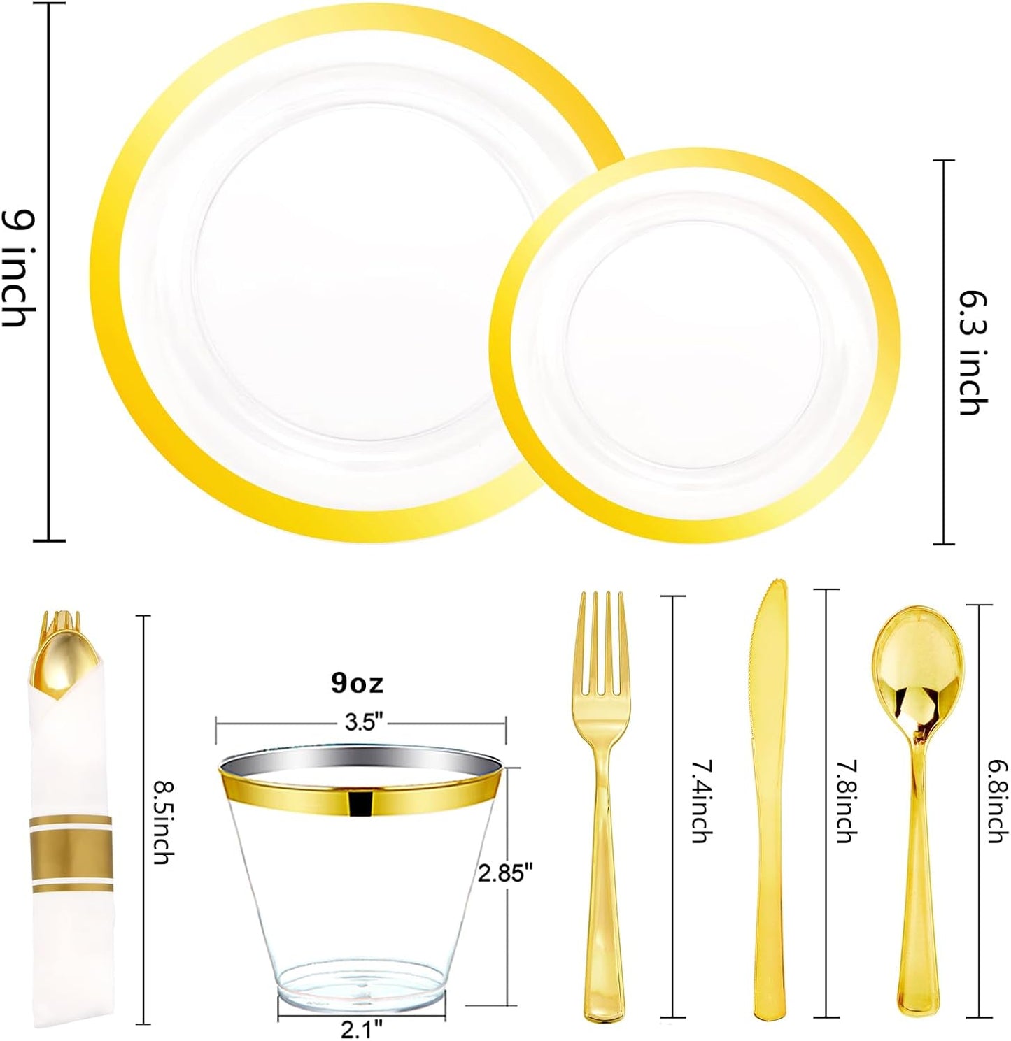 Liacere 350PCS Clear Gold Plastic Plates for 50 Guests Dinnerware Include 100 disposable Plates 150 Gold Silverware 50Napkins for Party&Wedding&Thanksgiving&Fall Decor