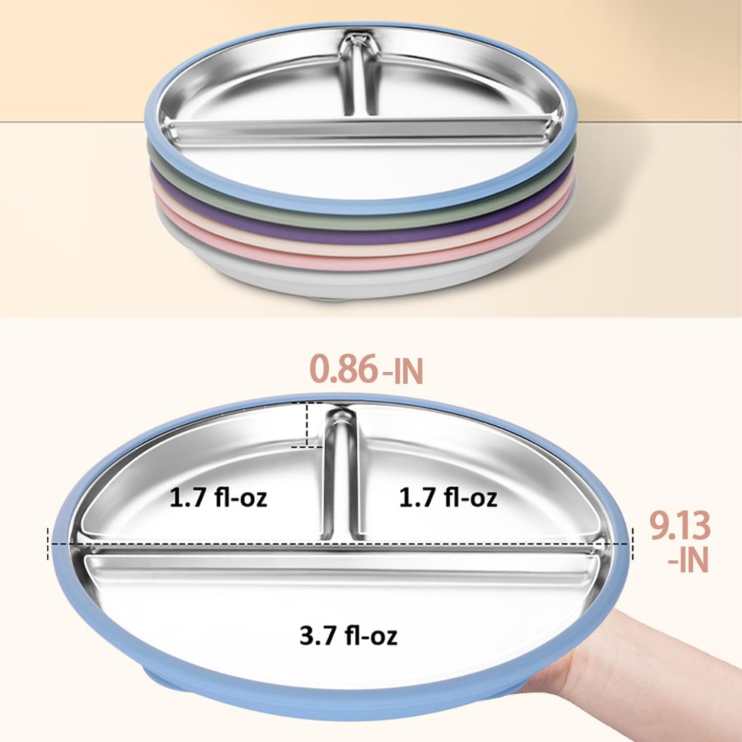 Stainless Steel Toddler Plate with Suction, 9” Divided Plates with Removable Silicone Sleeves for Kids, Non Toxic & BPA Free | Non Slip | Unbreakable Baby Snack Dishes Set of 2, Blue & Gray