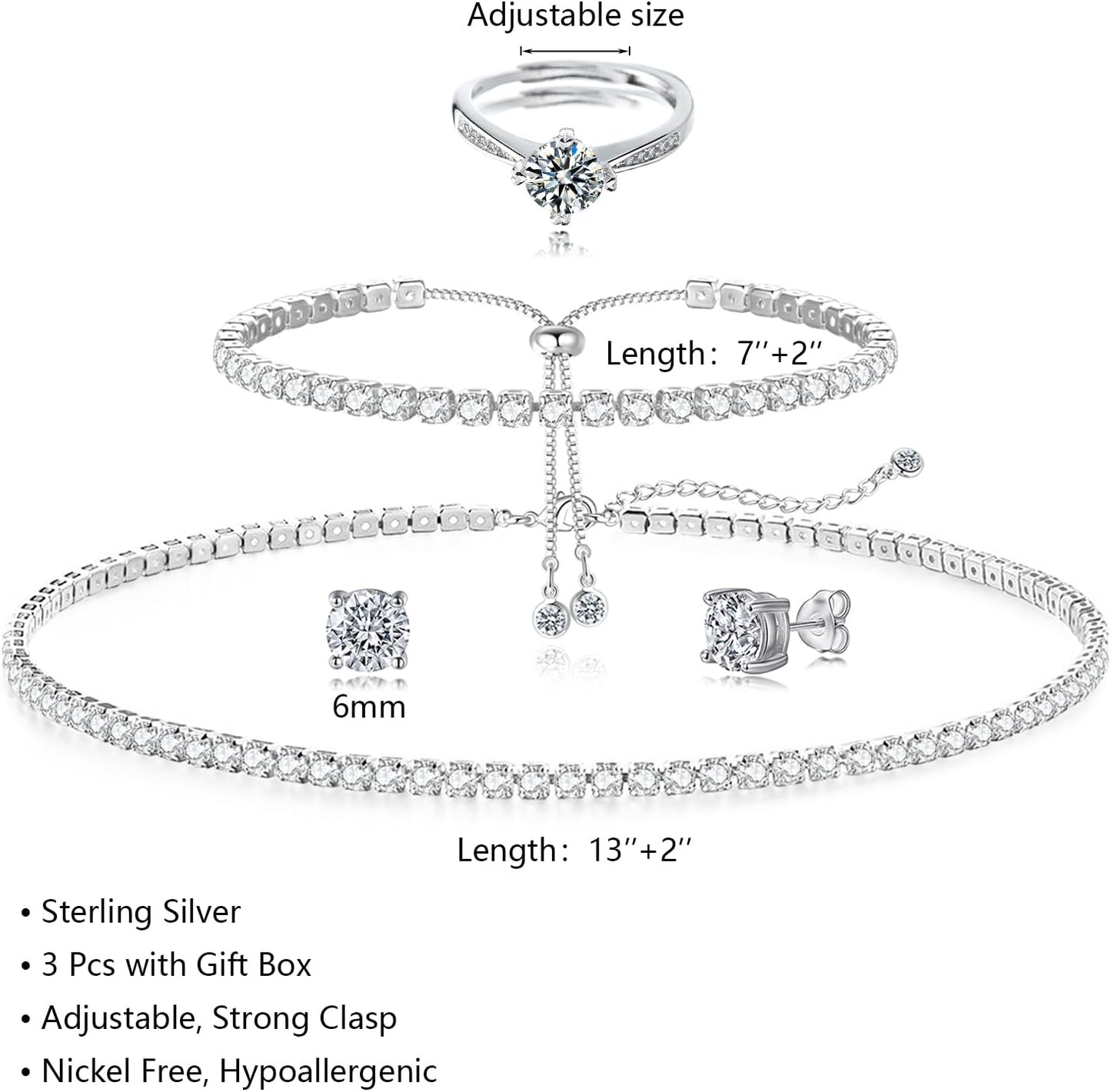 Tennis Necklace Bracelet for Women, Sterling Sliver, Dainty Chocker Necklace, Crystal Bracelet for Women, Wedding Jewelry for Bride, Sparkly Party Prom Hypoallergenic