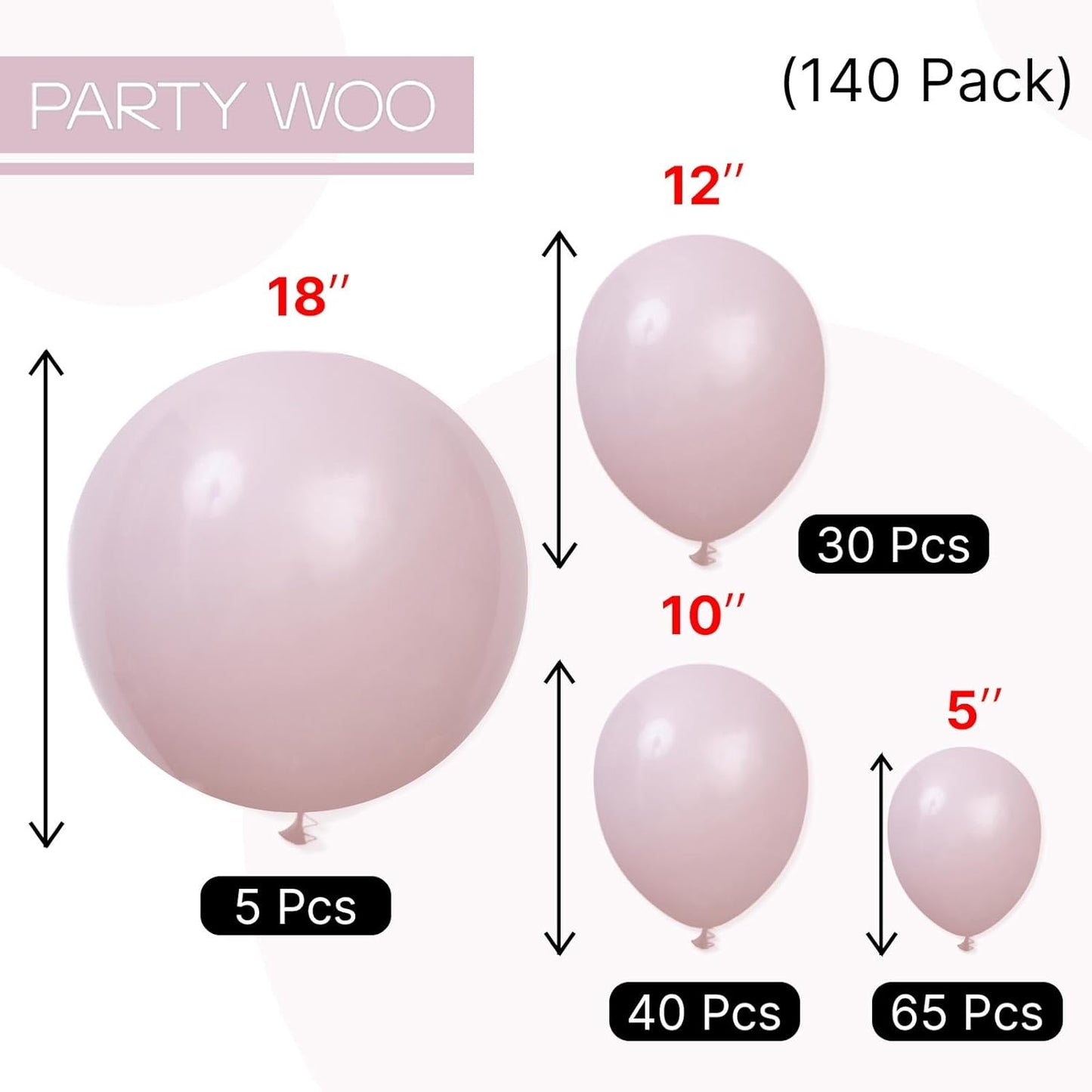 PartyWoo Dusty Pink Balloons 140pcs Different Sizes of 18 12 10 5 Inch Boho Blush Pink Latex Helium Balloons for Birthday Baby Shower Graduation Anniversary Bachelorette Party Decorations Pink-F54