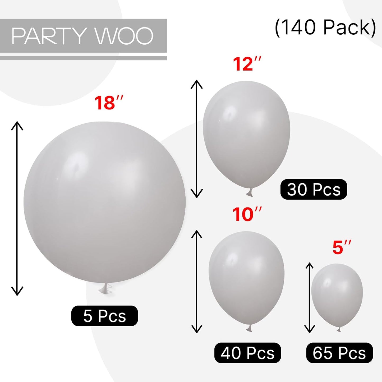 PartyWoo Gray Balloons 140pcs Different Sizes Pack of 18 12 10 5 Inch Matte Gray Latex Balloon Arch Kit for Baby Shower Graduation Wedding Anniversary Birthday Party Decorations Gray-Y71