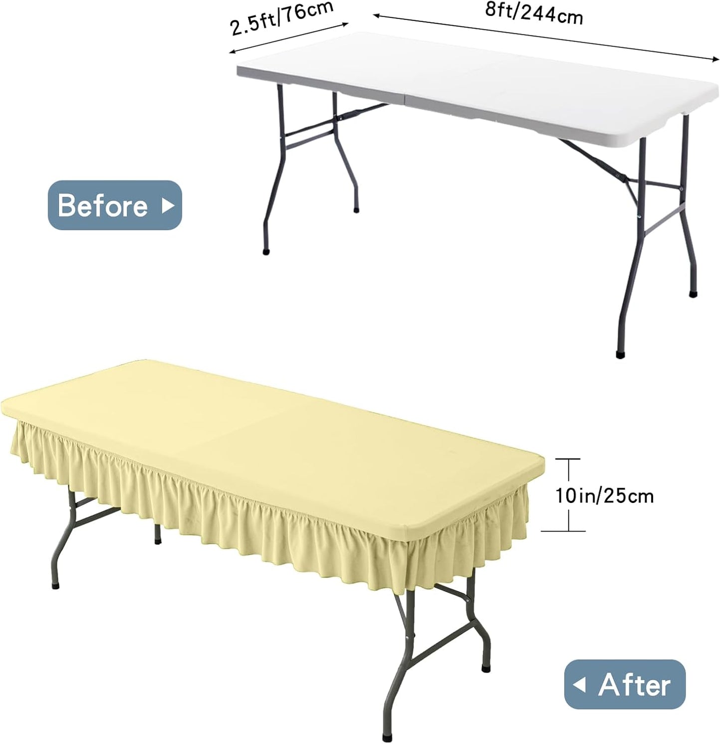 8ft Faint Yellow Stretch Tablecloth for Rectangular Tables - Flared Wrap Design, Waterproof, Wrinkle-Resistant, Washable - Ideal for Weddings, Parties, Banquets & Table Protection