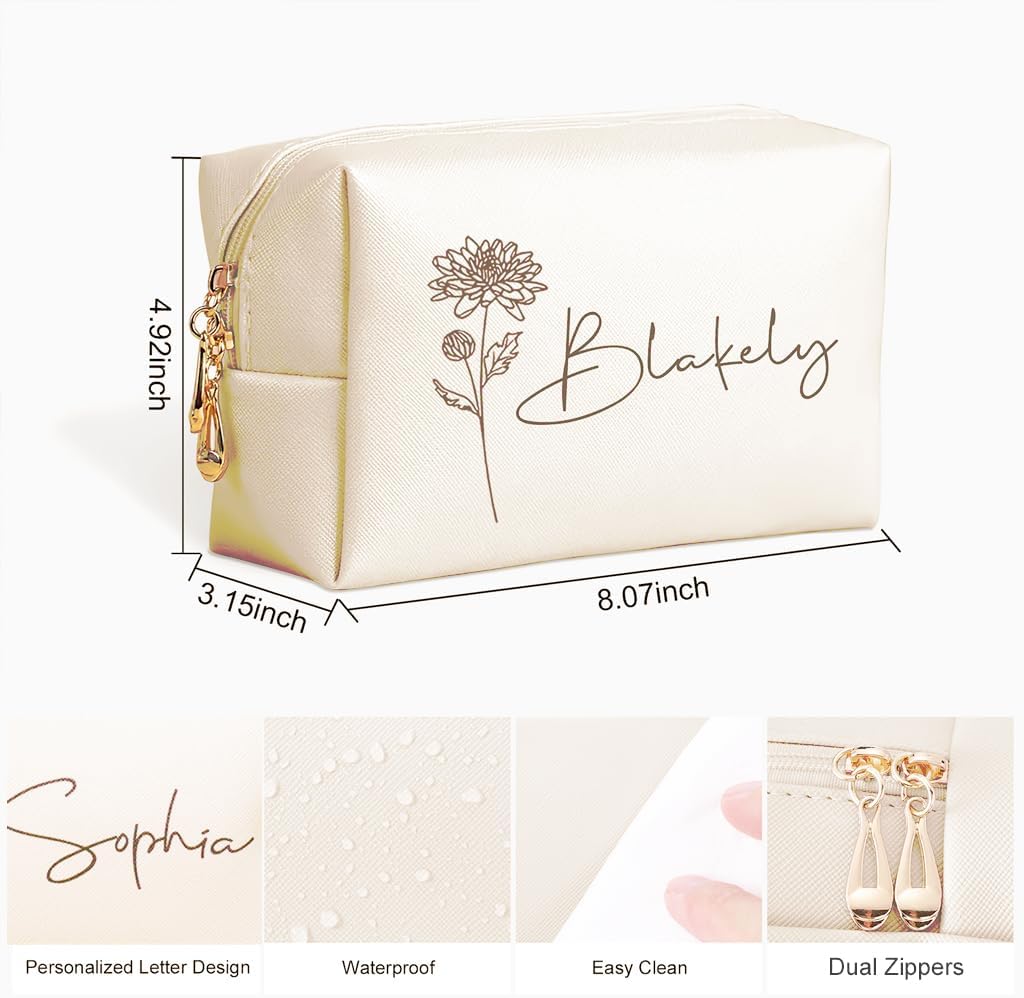 DayOfShe Personalized Name Makeup Bag for Bridesmaid Gifts Bridal Shower Wedding Gifts Custom Toiletry Bag Cosmetic Bag for Best Friend Birthday Gifts