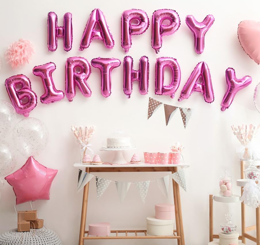 KALOR Hot Pink Happy Birthday Balloons Banner,16 Inch Mylar Foil Letters Sign Banner for Women & Girls Birthday Decorations for Photo Backdrop