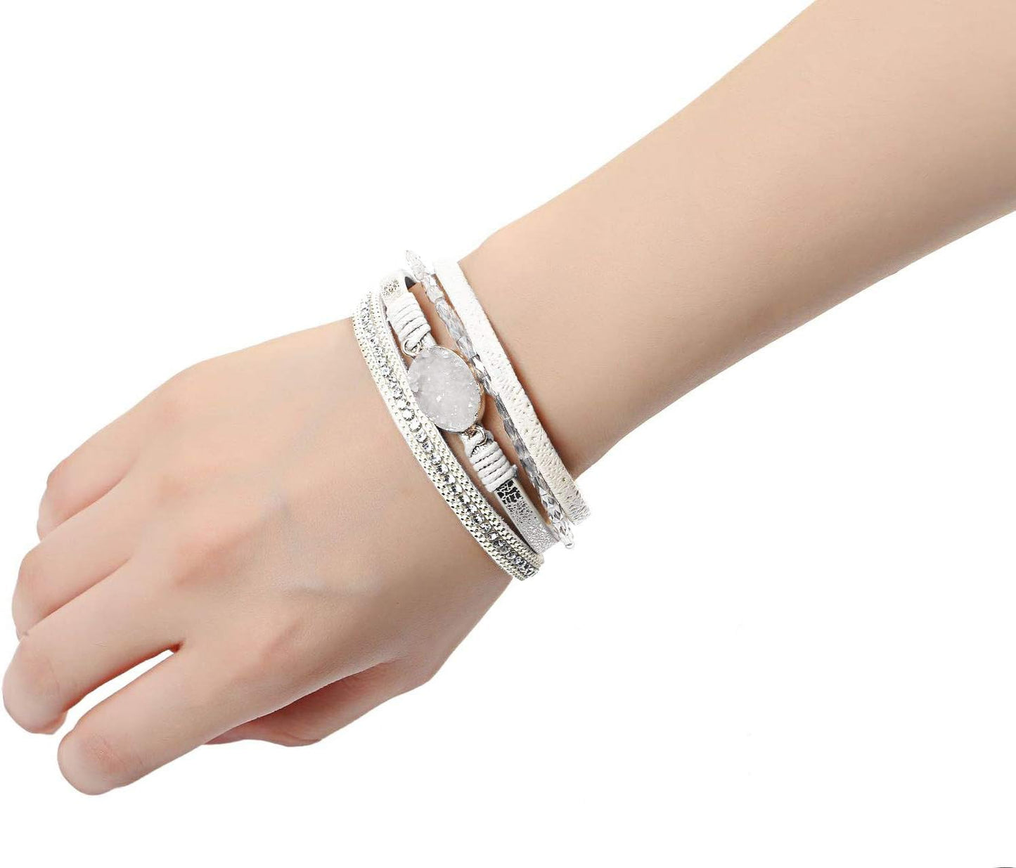 Fesciory Leopard Bracelet for Women, Boho Leather Wrap Multi-Layer Pearl Crystal Bracelet Bangle Jewelry