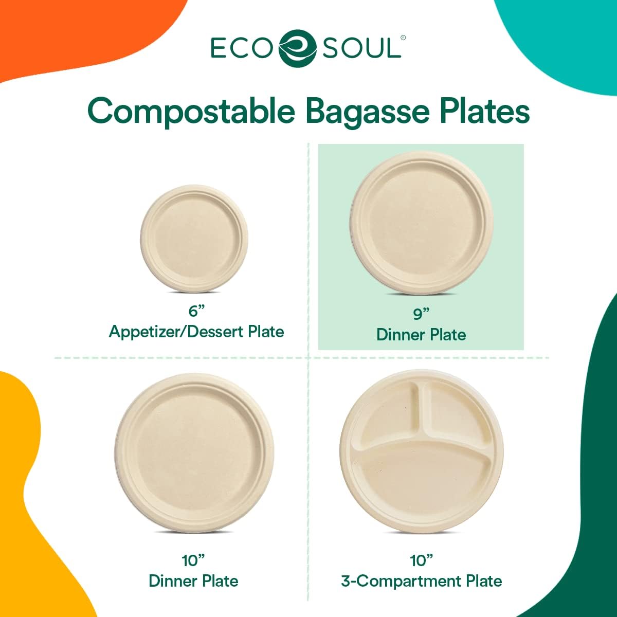 ECO SOUL Compostable 9 Inch(100-Pack) Biodegradable Disposable Paper Plates | Eco-Friendly Dinner, Party, Wedding, Event (100)