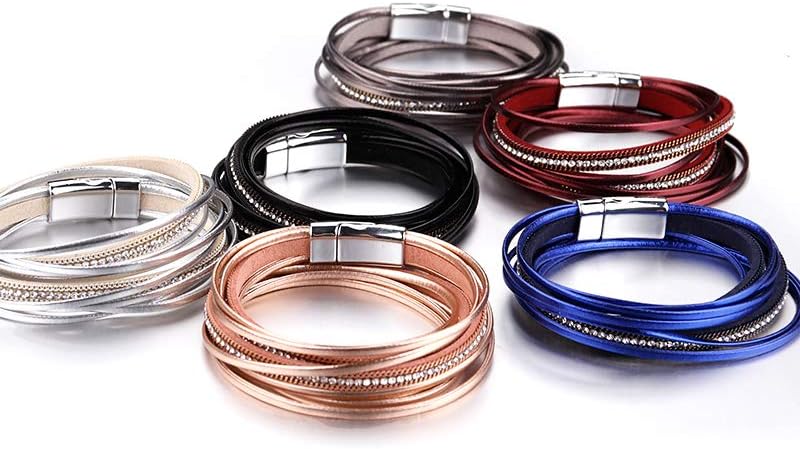 Fesciory Leather Wrap Bracelets for Women, Boho Leopard Multi-Layer Crystal Beads Cuff Bracelet Jewelry